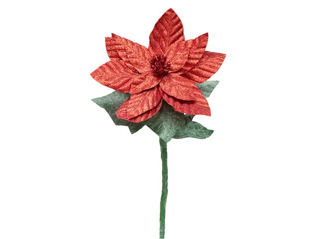 21.75" GLITTER POINSETTIA WITH LEAVES STEM (RED)